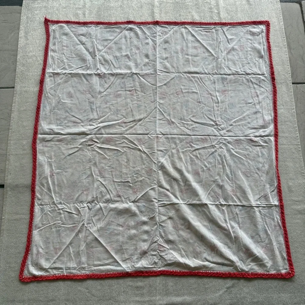Vintage Baby Blanket Teddy Bear Print Red Crochet Trim 43x40